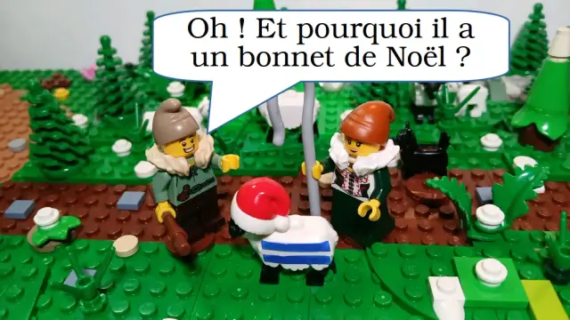 Un berger et une bergère sont devant un mouton rayé avec un bonnet de Noël. Le berger dit "Oh ! Et pourquoi il a un bonnet de Noël"