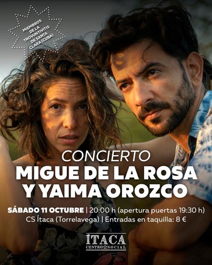 Cartel del concierto. De fondo, foto de Migue de la Rosa (mirando hacia la izquierda) y Yaima Orozco (mirando de frente) en un plano medio. Por delante, los datos del concierto.