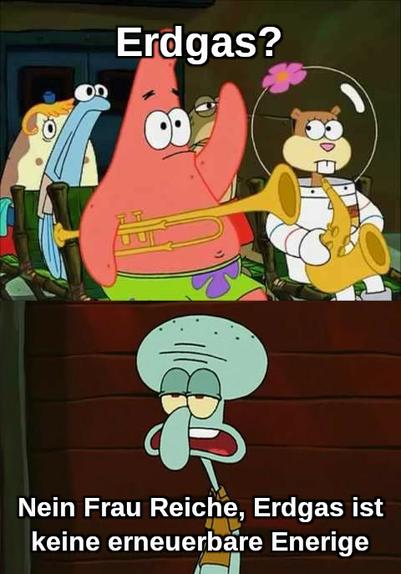 Patrick, Thaddäus Meme:
Patrick: Erdgas?
Thaddäus : Nein Frau Reiche, Erdgas ist keine erneuerbare Enerige
