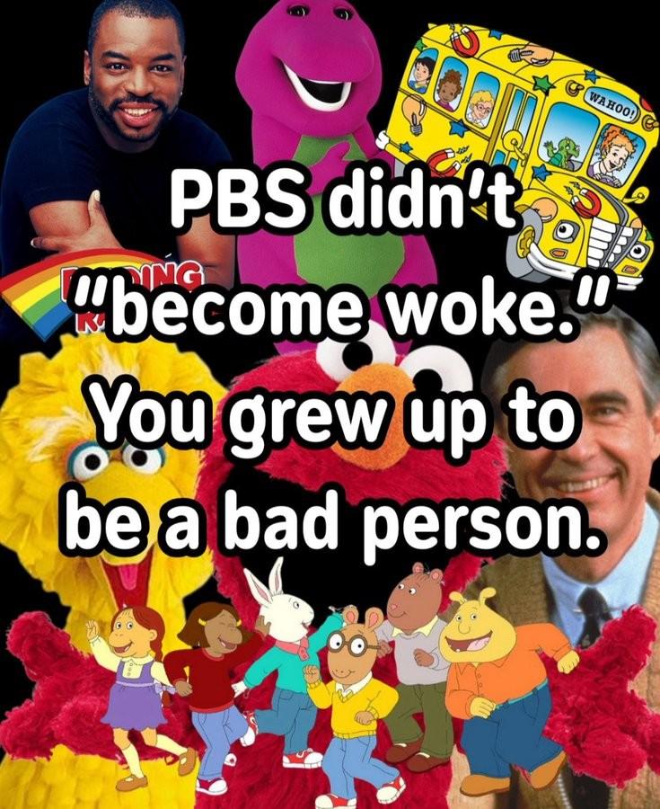 A picture of well known characters and TV hosts from American public broadcasting such as LeVar Burton from Reading Rainbow, Barney, the magic school bus, sesame street, Mr. Rogers, and Arthur. Over the image, in big white text it says: PBS didn't "become woke." You grew up to be a bad person.
