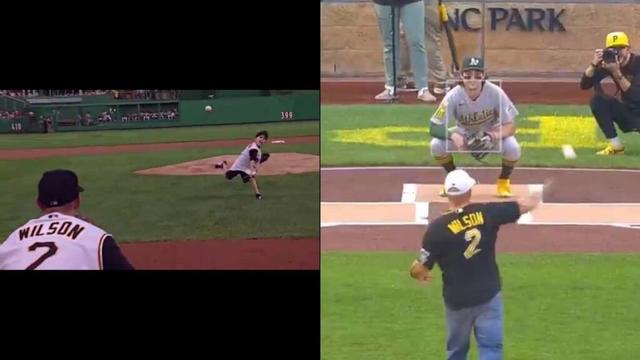 This Before and After of Oakland’s Jacob Wilson Throwing, and Now Catching, A First Pitch From His Father Last Night In Pittsburgh Is Further Proof Baseball Is As Romantic As It Gets