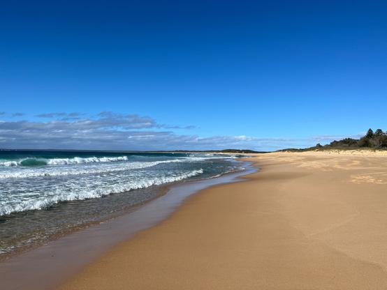 Warrain Beach, Australia Sunny beach scene with a stretch of sandy shore on the right and ocean waves rolling in from the left. The horizon shows a clear, blue sky with scattered clouds. Lush greenery is visible in the background along the shoreline.