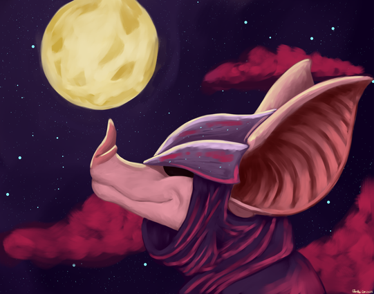 A portrait of a pink bat with a hooded helmet. They look up towards a night starry sky with red clouds and a large bright moon. They have a smile on their face as the moon illuminated the top of their head. A dull red light comes from the foreground to illuminate the bat's dark cloak from behind.