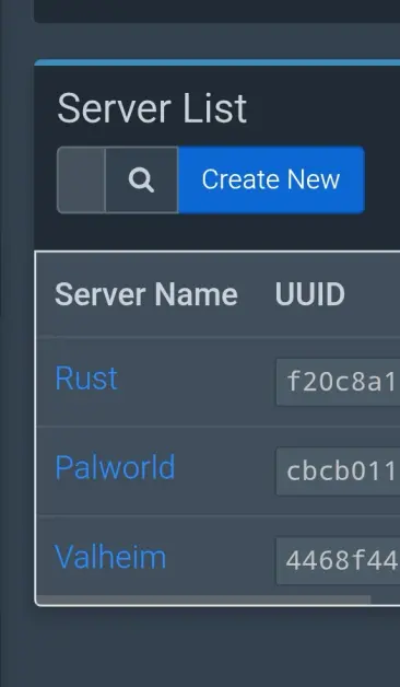 Ein partieller Screenshot auf dem 1 erkennt, dass auf einem Server die Spiele "Rust", "Palworld" und "Valheim" laufen.