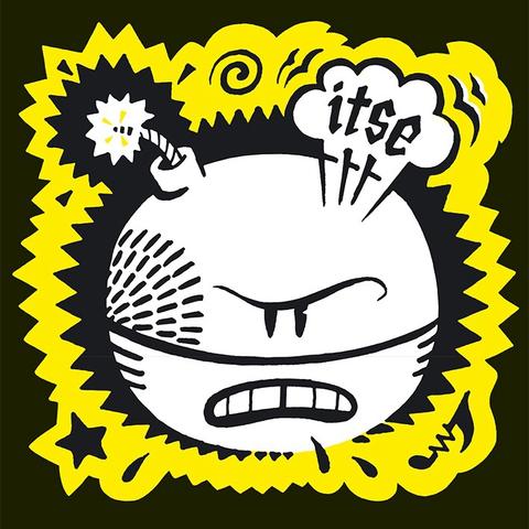 Black Peiderin teoksen ”Itse” kansikuva, jossa Black Peiderin omakuva sarjishahmo, jonka päässä palaa pomminomaisesti sytytyslanka, ja päästä höyryää teksti ’itse’.