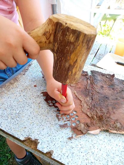 Kinderhände mit einem Holzhammer und einem Stanzwerkzeug. Es werden gerade aus Birkenrinde kleine Scheiben herausgestanzt.