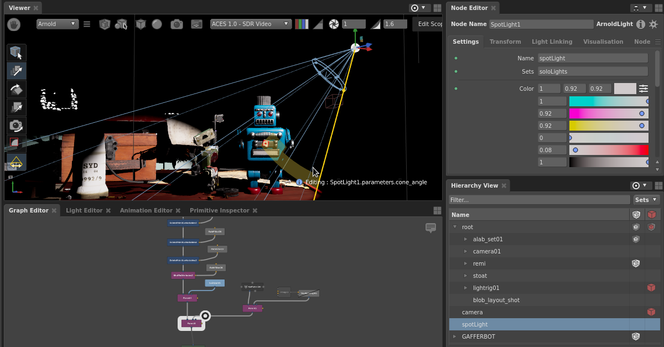 🕶️ A view of its UI (taken from the site, on a dark theme) with a scene being displayed on the main part (a small blue toy robot in a cluttered scene reminiscent of an attic, and a small white sphere representing the lighting with its vectors illustrating the rays of light), the graph of the scene in the window below (‘Graph Editor’ tab) and 2 other parameter-setting windows on the right-hand side.

📚️ Gaffer is a libre, multiplatform, flexible, node-based VFX tool that allows image developers, lighting designers and compositors to easily design, adjust, iterate and render compelling 3D or 2D scenes. In particular, it allows users to design and modify scenes of arbitrary complexity by performing numerous operations non-destructively, and to build advanced shaders (via node plug-ins combined with standard Arnold, Cycles, 3Delight and Tractor shaders, and its Open Shading Language or Python). Logic, filters and expressions can be used to create scalable node networks for automated and responsive VFX solutions.