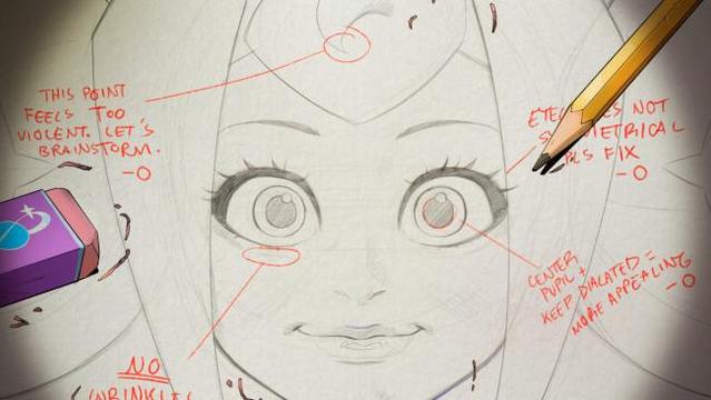 A shot from the series Knights of Guinevere (2025), pilot episode. The shot is a pencil sketch of Guinevere, a Disney princess-esque character. The sketch has review notes in red. The notes read:

"This point feels too violent. Let's brainstorm." — O
"Eyelashes not symmetrical. Pls fix." — O
"No wrinkles" [The word "no" is underlined, and "wrinkles" is partially out of the frame. The signature is not visible, but it is the same handwriting as the other notes]
"Center pupil + keep dialated [sic] = more appealing" — O