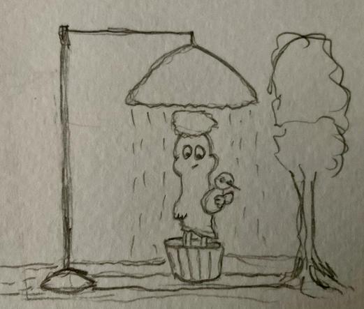 A simple pencil sketch depicting a character resembling a ghost standing in a pot, holding a small bird, under a lamp that appears to be raining down. To the right, there's a stylized tree.