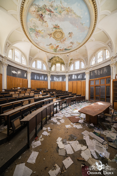 lecture theatre style seating, in grand room with frescoed ceiling