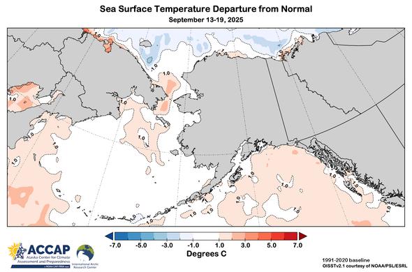 Map centered on Alaska showing sea surface temperatures (ºC) as the difference from the 1991-2020 baseline for the week of September 13-19, 2025.