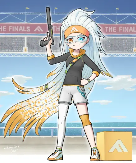 Zoe in a large arena dressed in The Finals themed attire, posing with a silenced pistol in her right hand.