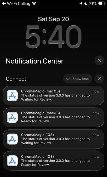 Releases of ChromaMagic v3 under review for iOS and macOS.