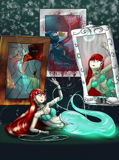 Yuki ([She/Her] A short woman with long red hair, often wearing an aquagreen bra with silver metallic rims. She has an aquagreen genie tail with a silver belt around her waits. She is stuck with a silver metallic collar and shackles, all three having chain dangling from them.) is laying on her side to the ground in distress and reaching up to the sky or where freedom could be. Around her are photo frames of her past, some scared and uncomforting. The first on the left is a photo frame that is scorching and on fire, with a broken glass, with a person covered in shadows looking down at a young yuki with the only non-glass section focusing on it's head. The secod is a frame but drenched in blood of Yuki in her dark green ninja gear caught in a home as the police arrived on a late night, the area in disarray from a scuffle. The last on the right is almost like a mirror, showing her human form as the genie she is now, trapped in the vessel. All three reaching out, possibly for help.