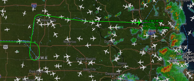 Airliner doing a loop and travel 90 degrees off heading heading to Chicago because of weather delays.