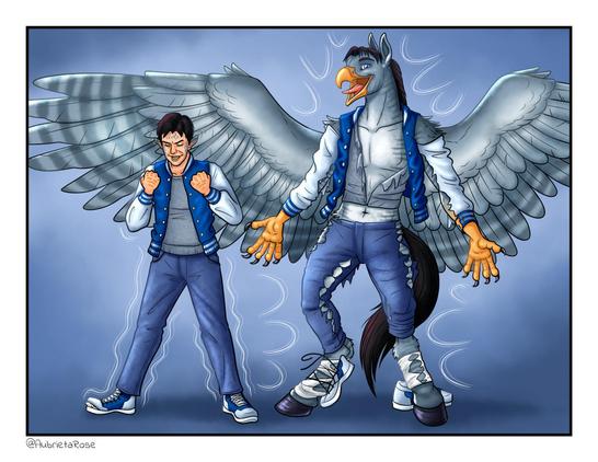 A two-part transformation. On the left, a young white man with dark brown hair, wearing a blue varsity jacket and jeans, tenses in concentration. Feathers and scales are starting to grow from his skin. On the right, he poses triumphantly as a fully transformed hippogriff with striped grey feathers, his clothes and shoes burst asunder and remnants hanging from his body.