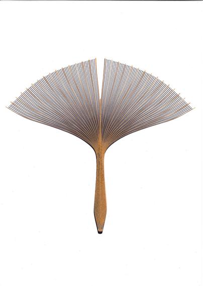 Ginko leaf shaped line art with dense lines in black india ink and a second layer of less dense lines in bronze metallic ball pen on white drawing paper.
