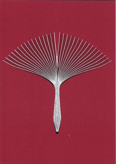 Ginko leaf shaped line art with dense lines in black india ink and a second layer of less dense lines in white ball pen on dark red cardboard.
