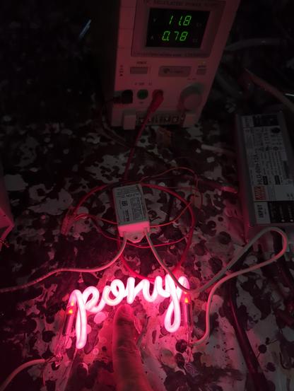 one single neon mini pony being driven by a DC input transformer. The DC power supply driving it is only needing .78 amps at 12 volts.