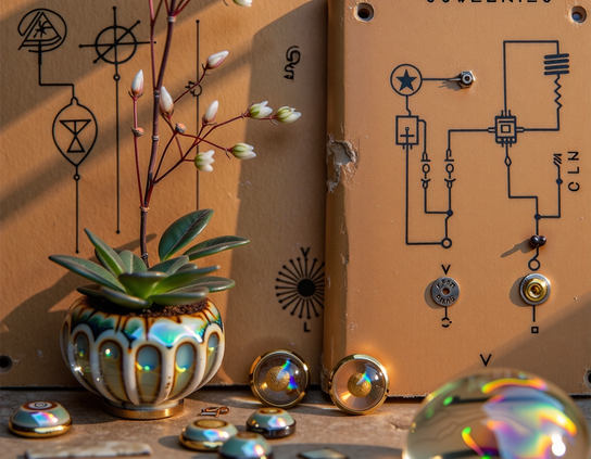 Futuristic and incomplete schematic drawings on a wall, in a room  with a glowing patterned vase, succulent plant, and scattered mysterious metallic objects.
