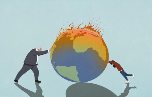 Cartoon image of a burning globe, with a older man in a business suit pushing it in one direction, and a small child pushing it in the other.