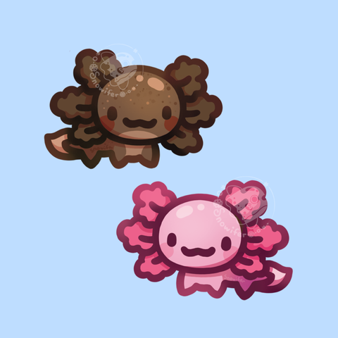Chibi digital art of brown and pink axolotls