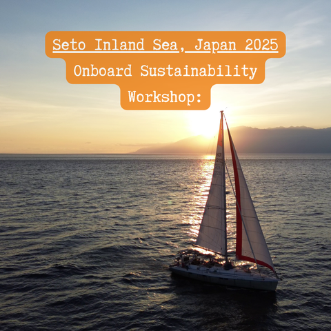Yacht sailing with the sun setting behind it.