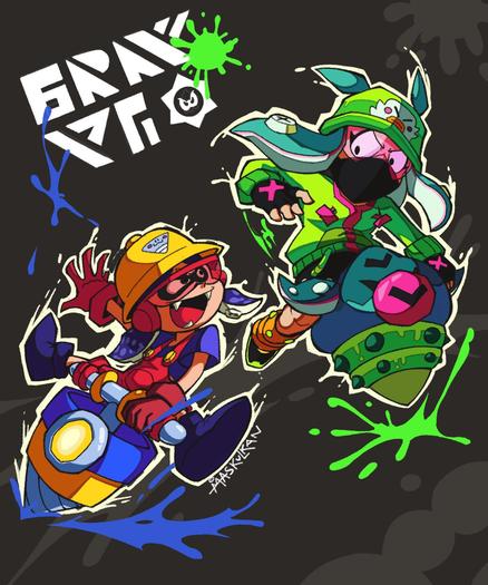An Splatoon inkling dressed as Jacky Brawl Stars and the actual Jacky Brawl Stars with her Cuttlefish outfit/skin. They’re surrounded by paint splotches and on top of them there’s a graphic resembling an Inkling-language logo