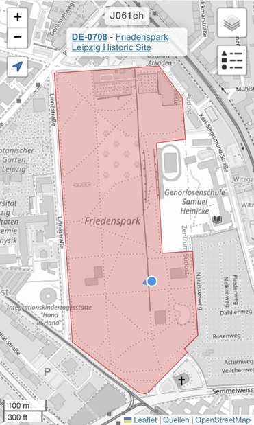 A map of Friedenspark in Leipzig containing a position marked with a blue dot