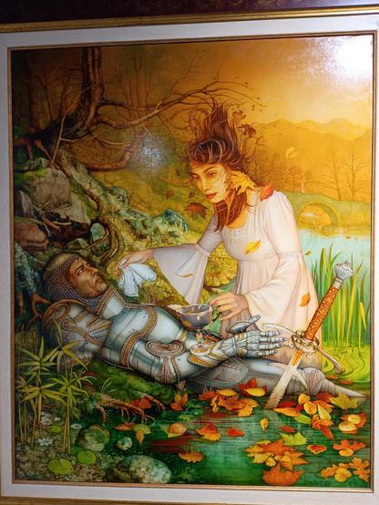 La gracia dándole de beber el elixir de la vida al caballero moribundo, en un lago.