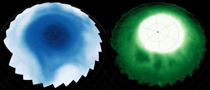 I rilevamenti delle emissioni del vicino infrarosso nella ionosfera di Saturno (a sinistra) mostrano caratteristiche simili a perline scure incorporate nell'aurora luminosa; nella stratosfera (a destra), 500 km sotto, un modello di stella sbilenco si estende verso l'equatore.