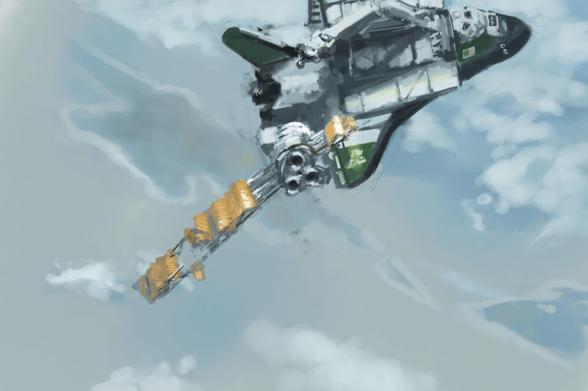 Digital painting of space plane approaching broken satellite