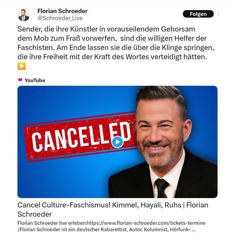 Florian Schröder, Sender die ihre Künstler im vorauseilendem Gehorsam dem Mob zum Fraß vorwerfen sind die willigen Helfer der Faschisten am Ende lassen Sie die über die Klinge springen die ihre Freiheit mit der Kraft des Wortes verteidigt hätten