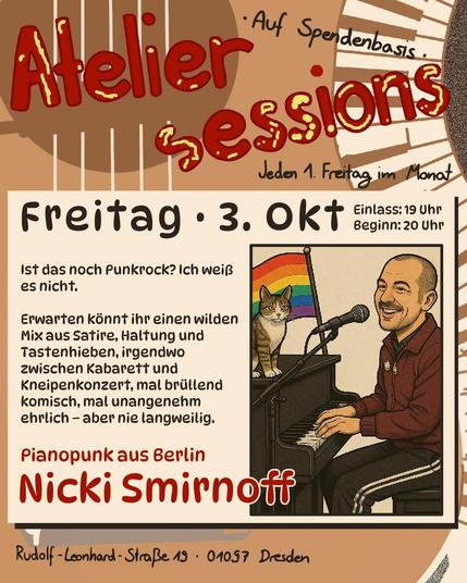 Plakat mit der Veranstaltungsankündigung. Infos sind größtenteils identisch mit dem Toot-Text. Zusätzlich steht im Bild noch "Pianopunk aus Berlin".
