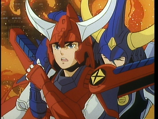 Ryo and Rowen are in full armor. Ryo is sort-of fireman's carrying Rowen who looks passed out. A fire blazes behind them.