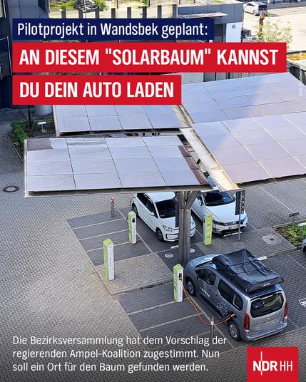 Foto: Parkplätze mit Solardach
Text: Pilotprojekt in Wandsbek geplant
An diesem "Solarbaum" kannst du dein Auto laden.
Die Bezirksversammlung hat dem Vorschlag der regierenden Ampel-Koalition zugestimmt. Nun soll ein Ort für den Baum gefunden werden.