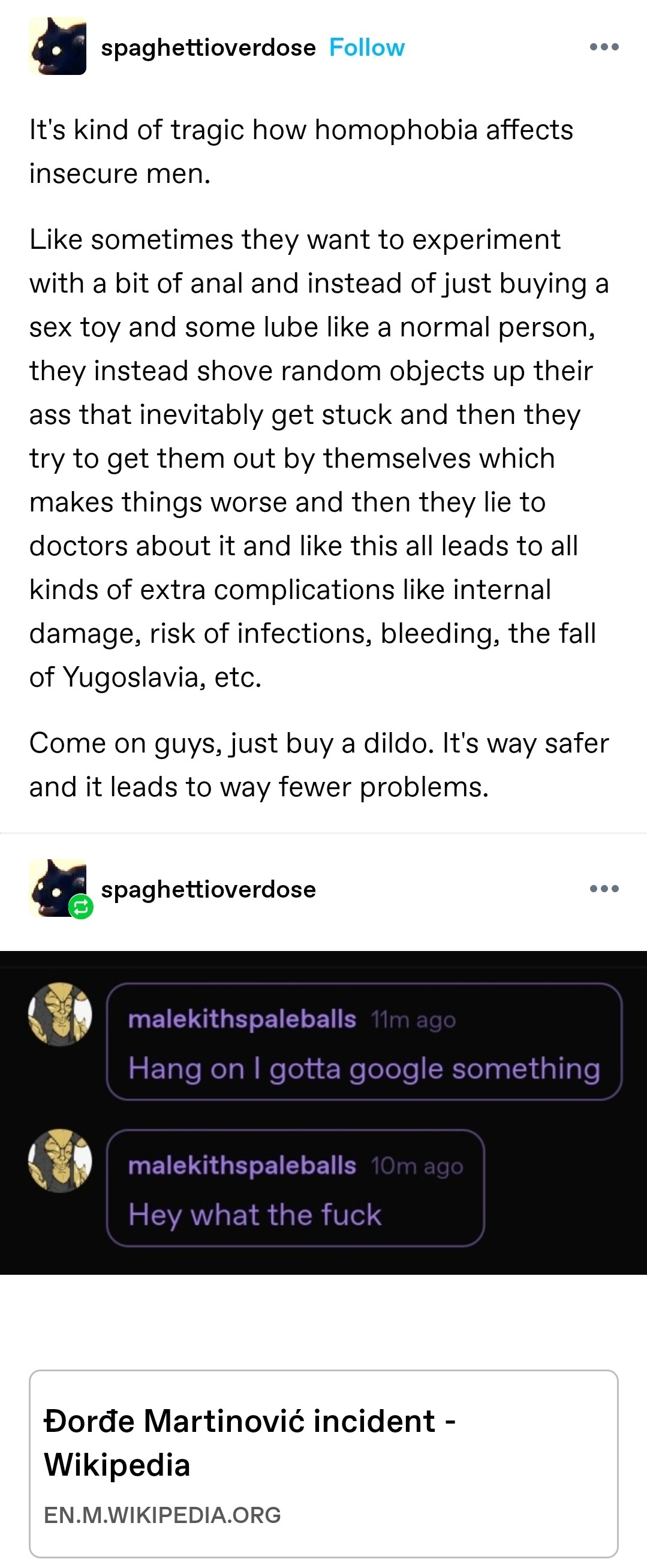 It's kind of tragic how homophobia affects insecure men. Like sometimes they want to experiment with a bit of anal and instead of just buying a sex toy and some lube like a normal person, they instead shove random objects up their ass that inevitably get stuck and then they try to get them out by themselves which makes things worse and then they lie to doctors about it and like this all leads to all kinds of extra complications like internal damage, risk of infections, bleeding, the fall of Yugoslavia, etc. Come on guys, just buy a dildo. It's way safer and it leads to way fewer problems. Screenshotted replies: Hang on I gotta google something Hey what the fuck  Screenshotted wikipedia page: Dorde Martinovic incident