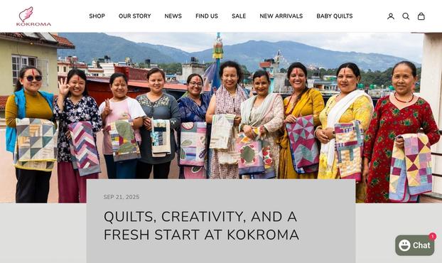 screenshot of the webpage showing the creators with their quilts, lined up on front of a Kathmandu rooftop scene.
the text says; 
"Quilts, creativity and a fresh start at Kokroma"