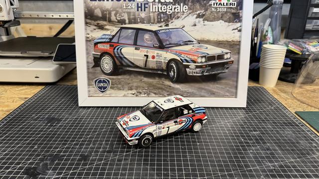 Finished model of a Lancia Delta HF Integrale by Italeri in 1:24 scale.