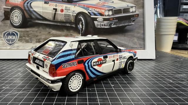 Finished model of a Lancia Delta HF Integrale by Italeri in 1:24 scale.