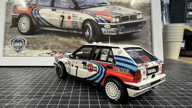 Finished model of a Lancia Delta HF Integrale by Italeri in 1:24 scale.