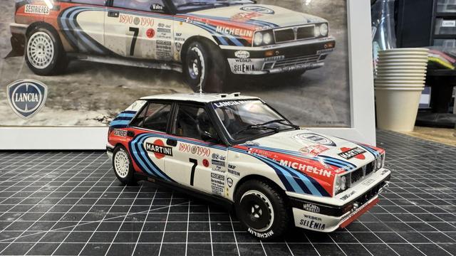 Finished model of a Lancia Delta HF Integrale by Italeri in 1:24 scale.