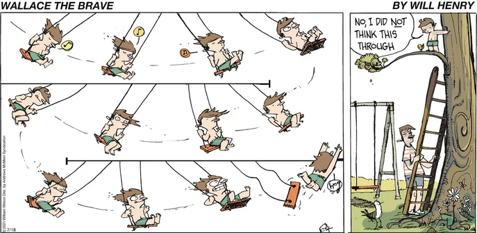 A "Wallace the Brave" comic strip by Will Henry is shown in two panels.

The large left panel illustrates a sequence where the main character, Wallace, is on a swing. He starts by swinging normally, then with increasing effort and determination, he swings higher and higher until he is super high and jumps off. The final image in this sequence shows him flying off the swing seat as it comes back down.

The right panel depicts the aftermath of his stunt. Wallace is now sitting on a high branch of a large tree located next to the swing set. At the base of the tree, his father is setting up a wooden ladder to rescue him. A small, furry creature sitting on the branch next to Wallace. Wallace says to his father, "No, I DID NOT THINK THIS THROUGH".