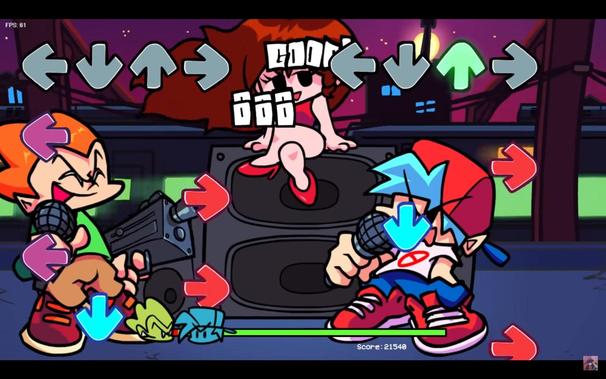🕶️ A view of its UI with the protagonist (on the right with blue hair) facing off against another player (AI with red hair) to win the heart of the pretty girl in the centre (with brown hair). Each player tries to press the arrow key on the keyboard that corresponds to the one displayed on their side and moving up towards the top of the screen.

📚️ Friday Night Funkin (FNF) is a libre, multi-platform rhythm game similar to Dance Dance Revolution, where the player presses the corresponding arrow when it is above another arrow. Its initial version was designed for Ludum Dare 47. Oh oh! You're trying to kiss your sexy girlfriend, but her EVIL and DIABOLICAL father is trying to KILL you! He's a former rock star, and the only way to touch his heart is with the power of music...