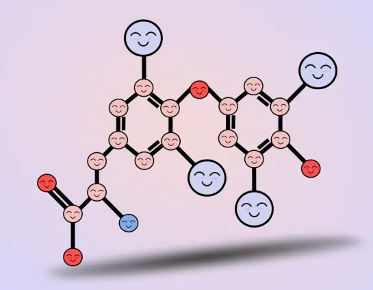 A cartoon of the chemical formula for thyroxine, where the atoms are represented as tiny smiling faces. The image has pink-bluish tones.