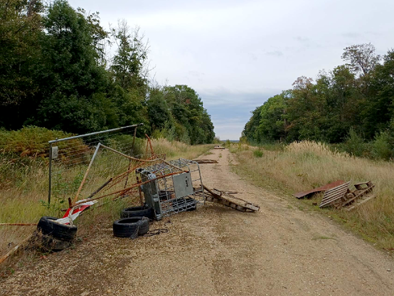 auf der Trasse der ehemaligen A4 liegen Metallteile und Schrott als Barrikaden, im Hintergrund der Hambacher Wald