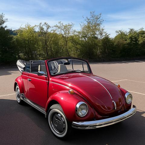 Das Bild zeigt einen klassischen roten Volkswagen Beetle Cabriolet, der in einem Parkplatz geparkt ist. Der Beetle hat einen glänzenden Lack und eine offene Konvertible-Kabine mit einem weißen Stoffdach, das zur Seite geöffnet ist. Die Innenausstattung ist in Weiß gehalten, und die Räder haben klassische schwarze Räder mit weißen Kanten. Der Hintergrund besteht aus einem grünen Wald und einem klaren blauen Himmel. Der Beetle ist ein ikonisches Modell, das für seine einzigartige Form und seine historische Bedeutung bekannt ist.