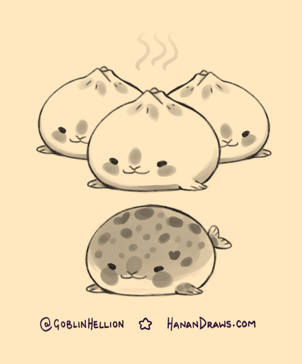 A couple of digital illustrations of some chonky seals. The top illustration is 3 seals drawn as steamed dumplings, and the bottom illustration is a regular seal (but very round).