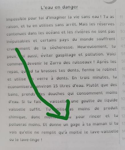 Texte à lire pour élèves de primaire.La dernière phrase est:
"Donne un gage à maman si tu vois qu’elle ne remplit qu’à moitié le lave-vaisselle ou le lave-linge "
