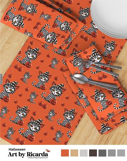 Whimsical striped Halloween Cat with Pumpkin